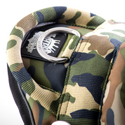 Top view of camo dog walking harness with built in handle for dog training.