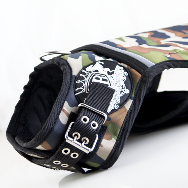 Camouflage dogweight vest with black straps on a white background