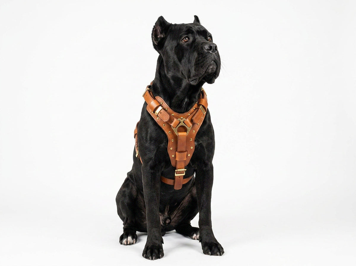Leather Dog Harness - "Attila" Brown/Brass