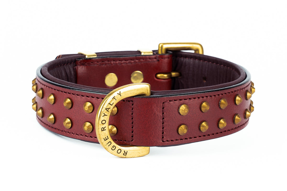 Front view hand made cherry leather dog collar with brass fittings and studs