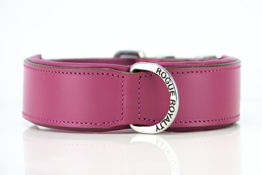 Front view of hand made pink leather dog collar