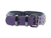 Rear view of handmade purple leather dog collar with black spikes and fittings.