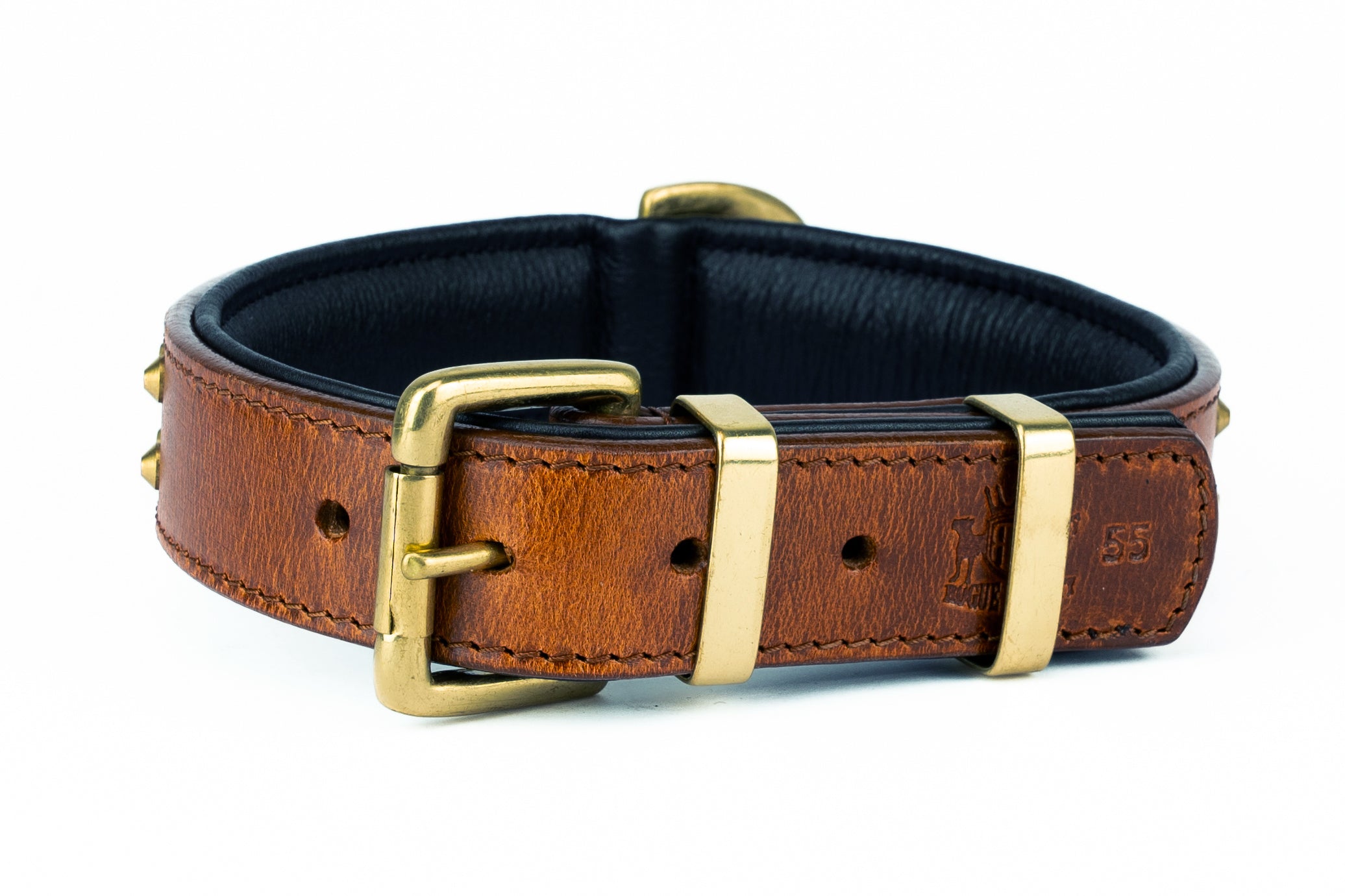 Rear view of regular fit hand made brown leather dog collar with brass keepers and buckle for strong dogs and durability.