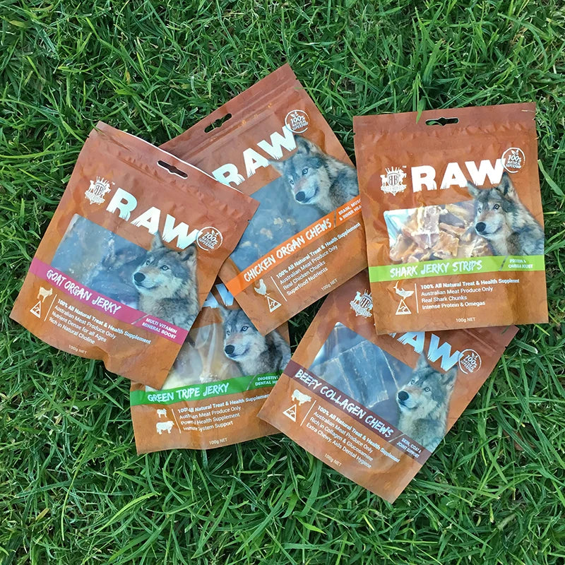 Assorted Rogue Raw natural Australian dog treats including air-dried jerky, green tripe and collagen chews