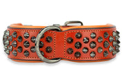 Front view of hand made leather dog collar with black fittings.