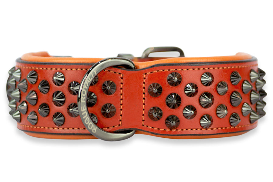 Front view of hand made leather dog collar with black fittings.