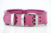 Rear side view showing double prong buckles for hand made  pink leather dog collar.