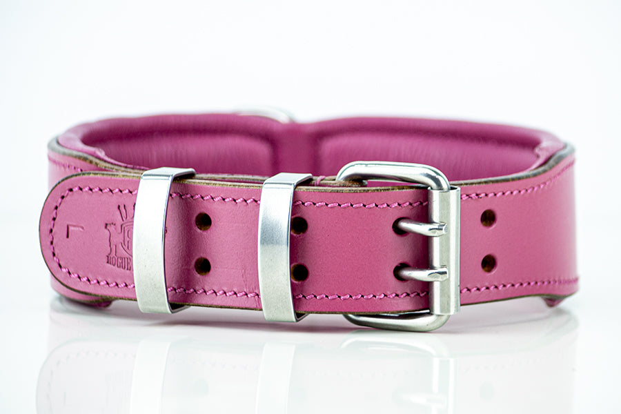 Rear side view showing double prong buckles for hand made  pink leather dog collar.