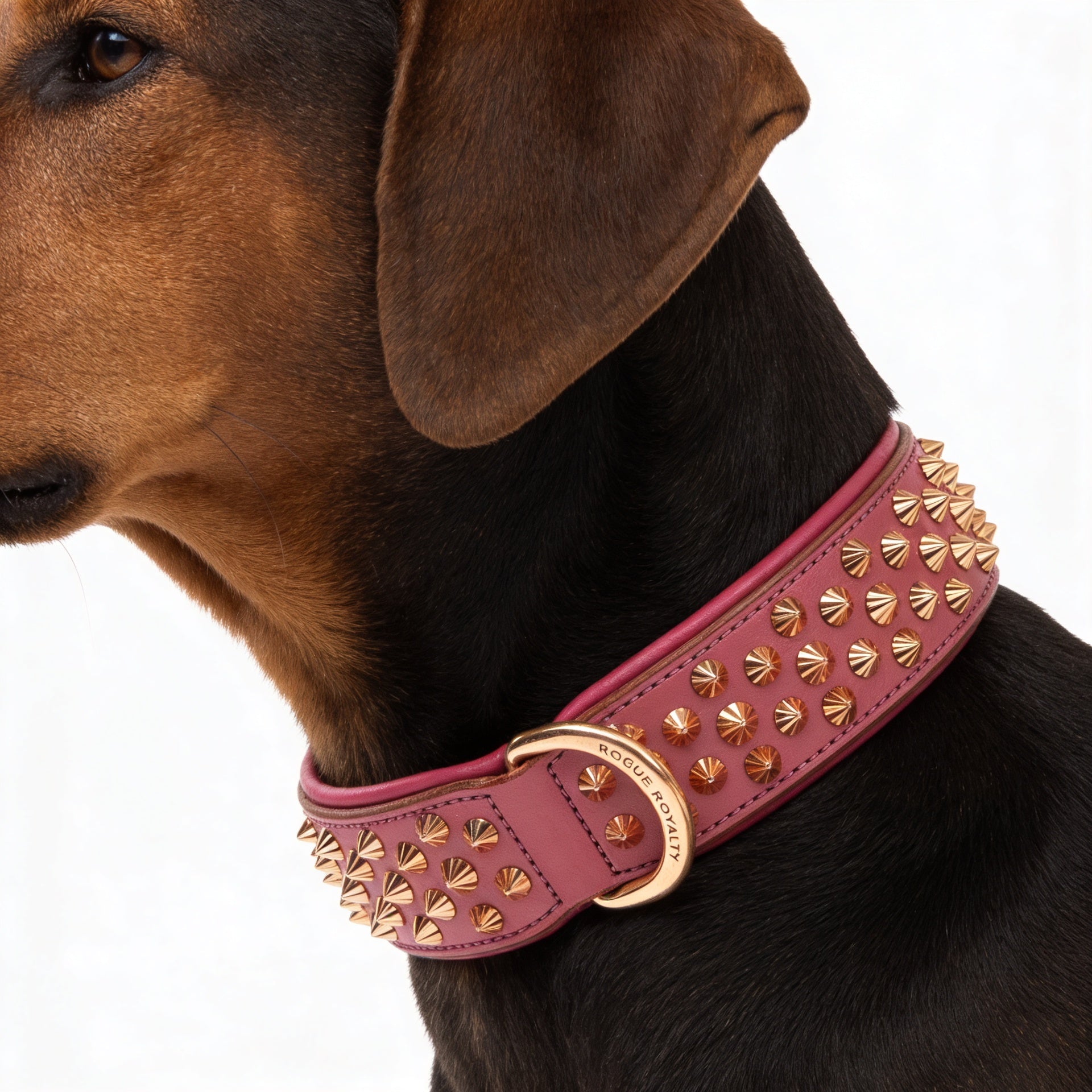 Hand Made Leather Dog Collar - Ruthless Pink & Rose Gold (Wide Fit)