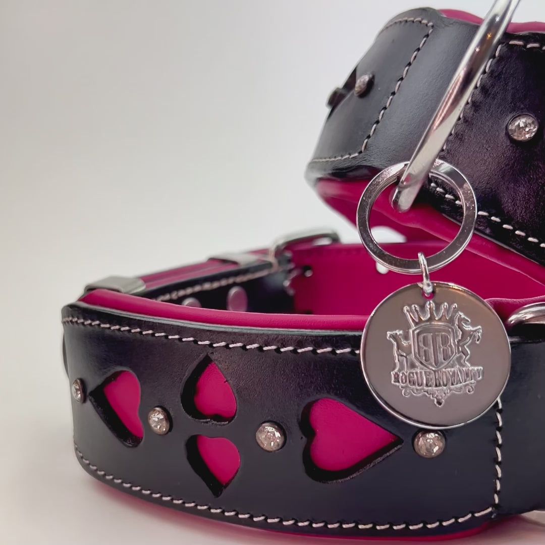 Hand Made Leather Dog Collar - Queen of Hearts (Wide Fit)