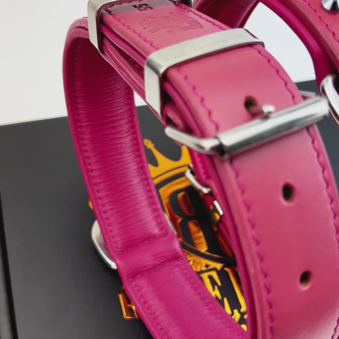 Hand Made Leather Dog Collar - RuffNeck Pink & Chrome (Regular Fit)