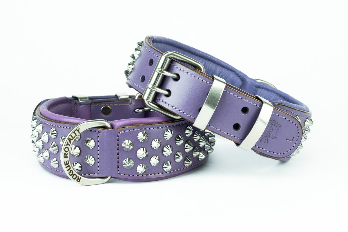 Hand Made Leather Dog Collar - Imperial Purple &amp; Chrome (Wide Fit)