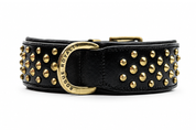 Front view of hand made wide leather dog collar with brass d shackle for big dogs