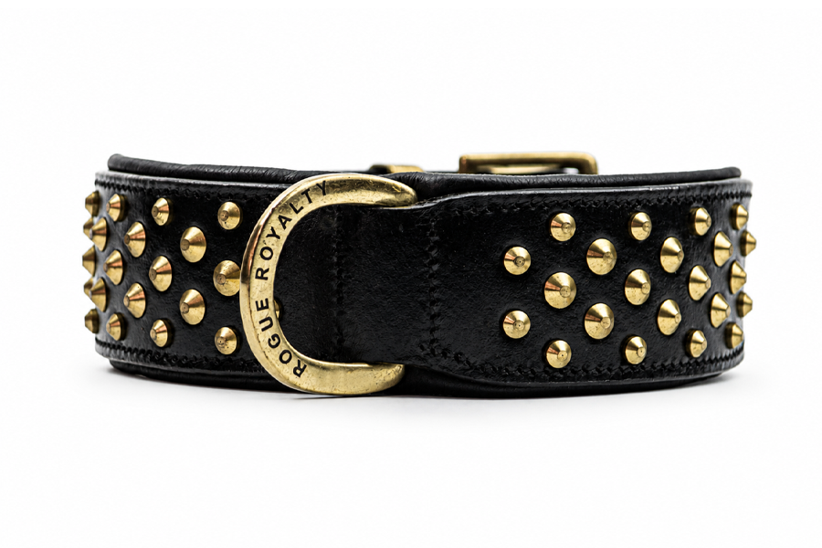 Front view of hand made wide leather dog collar with brass d shackle for big dogs