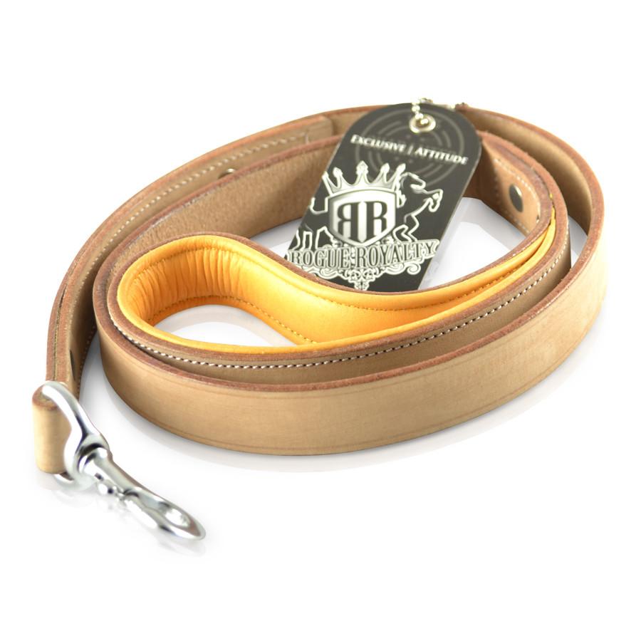 Top view of the buckskin handmade leather dog leash. Stainless steel fittings and 10 years guarantee!