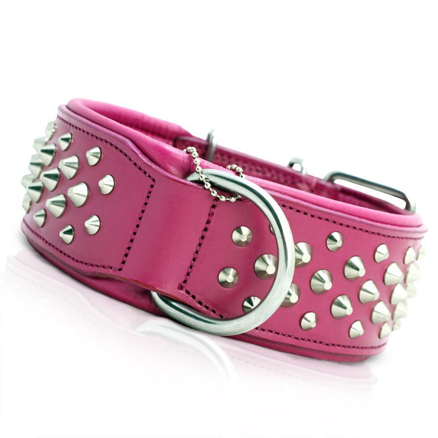Angle side view of pink handmade leather dog collar. Luxury leather hand made dog collars with stainless steel studs, fittings and guaranteed to last 10 years!