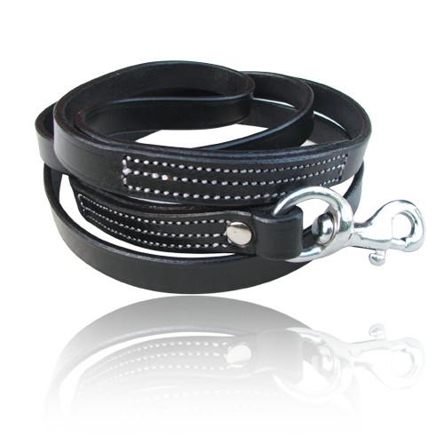 Front view of our black handmade leather dog training lead. Strong triple white stitching and stainless steel fittings. Guaranteed to last 10 years!