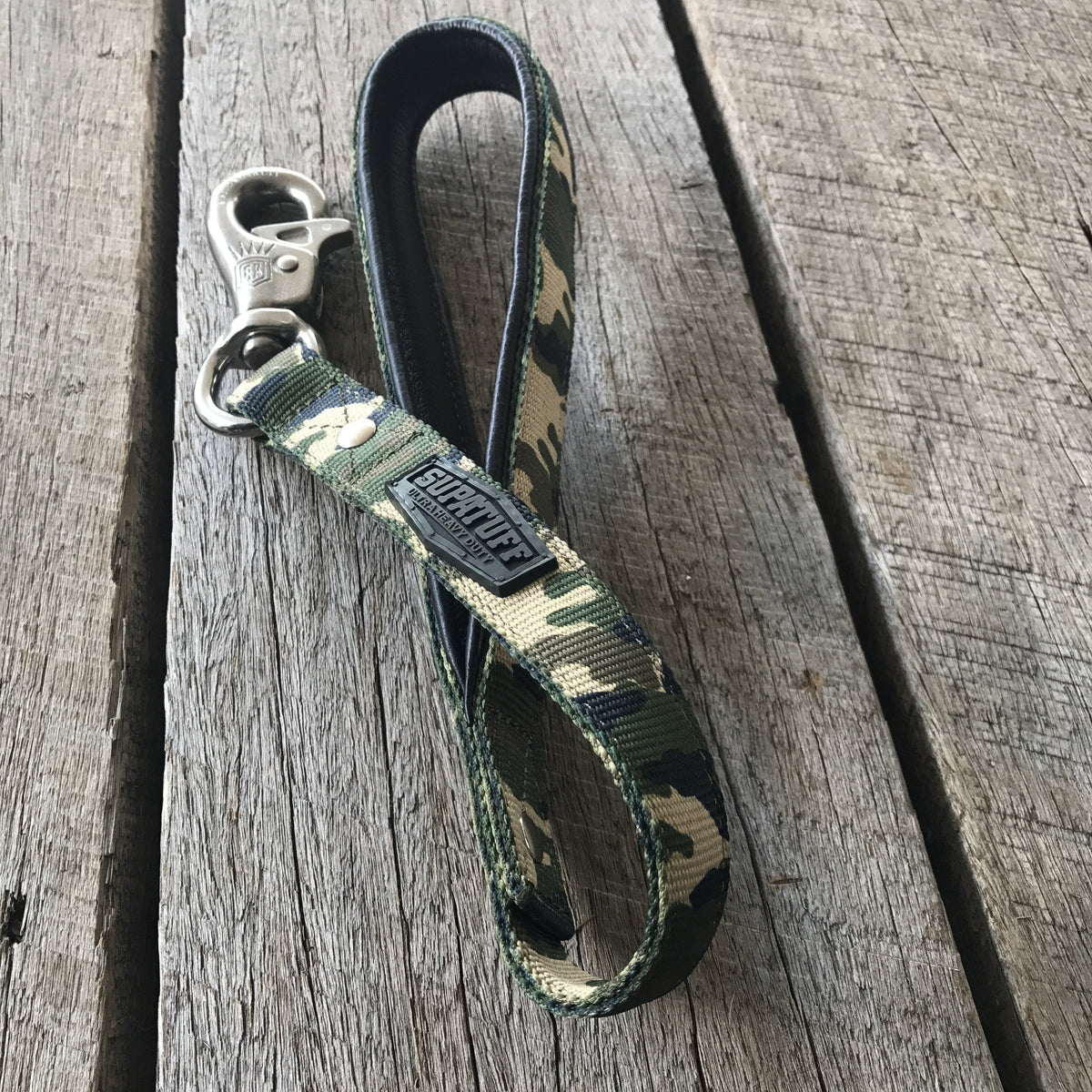 Super strong dog leash. Designed in Australia, stainless steel bullsnap with camo webbing.