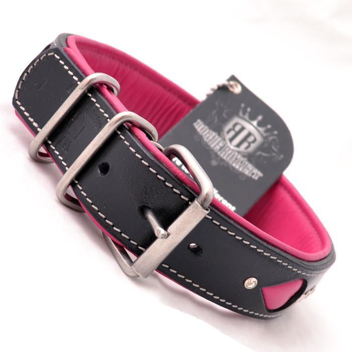 Back view Stunning handmade pink and black leather dog collar with carved leather and genuine swarovski crystals set into quality leather base. Stainless steel D-Shackle and fittings