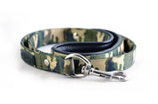 Heavy duty camouflage webbing material dog leash. Stainless steel fittings and latch. Lifetime Guarantee!
