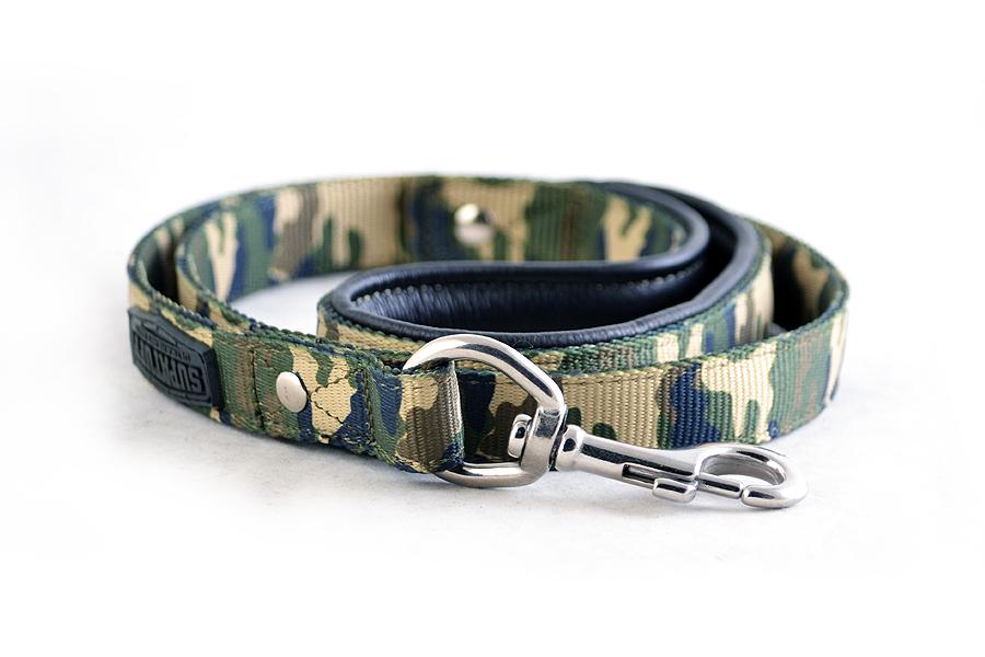 Heavy duty camouflage webbing material dog leash. Stainless steel fittings and latch. Lifetime Guarantee!