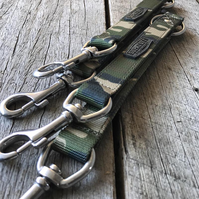 Flat view of the SupaTuff camo handmade dog leash coupler. Stainless Steel fittings and ultra strong webbing. Walking two dogs together has never been easier! Lifetime Guaranteed!