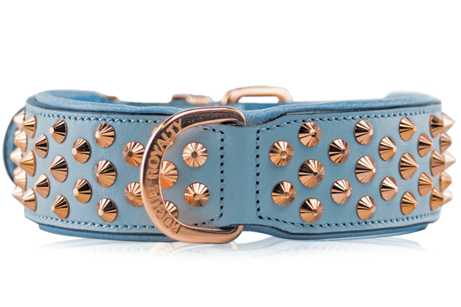 Hand Made Leather Dog Collar - Imperial Baby Blue &amp; Rose Gold (Wide Fit)