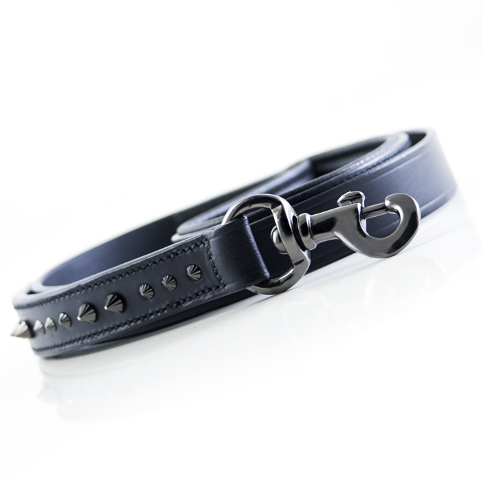 black bridle leather leash with black diamond cut studs and fittings