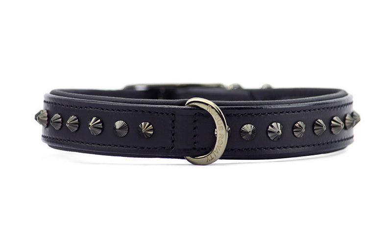 Black leather and black hand carved studded leather dog collar for small dogs
