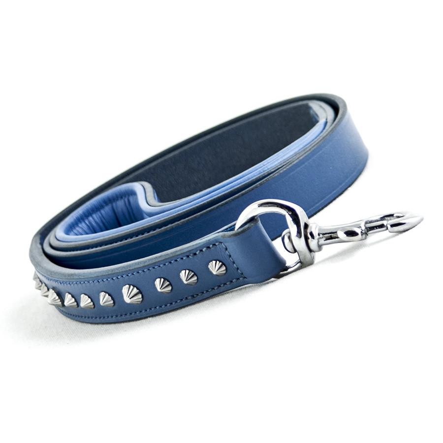 Side view of the Imperial blue handmade leather leash. Stainless steel hand carved studs and fittings. 10 year guarantee!
