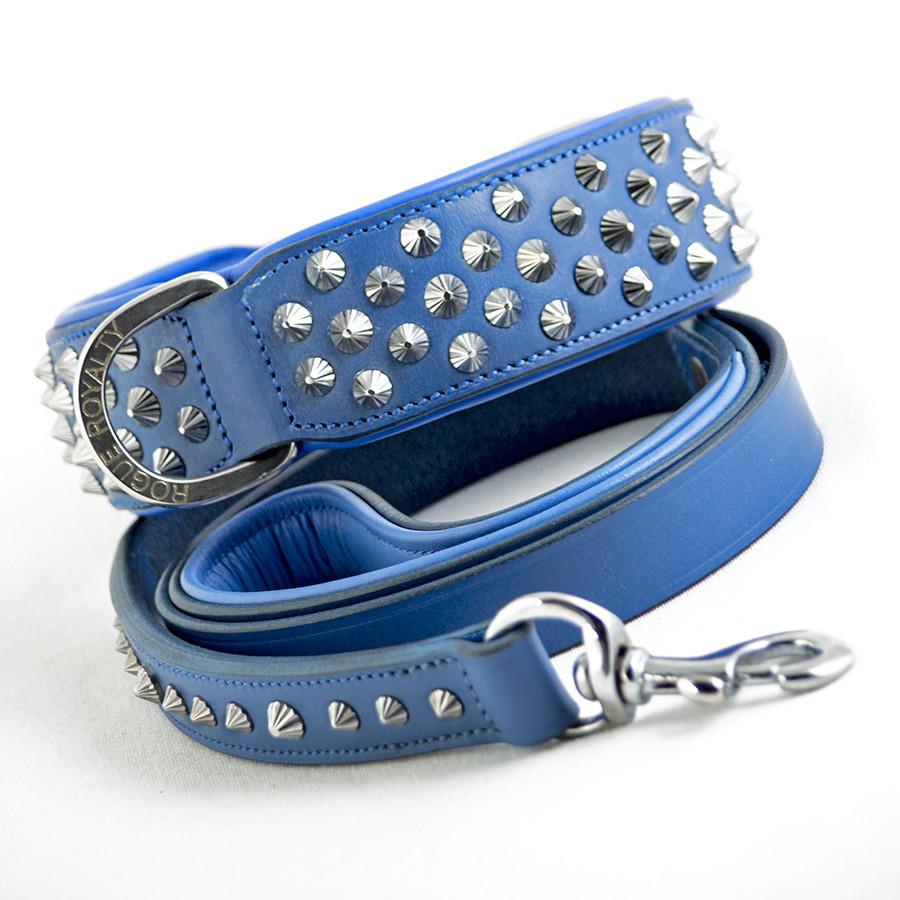 Top view of the Imperial blue handmade leather leash. Stainless steel hand carved studs and fittings. 10 year guarantee!