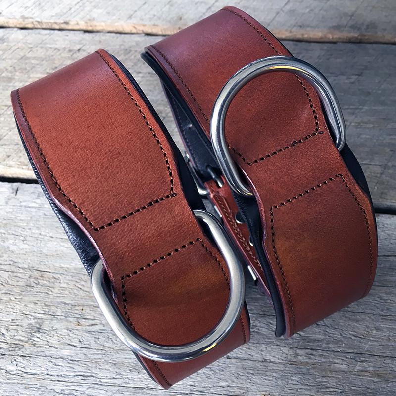 Top view of our plain handmade brown leather dog collar. Stainless steel fittings. Guaranteed to last 10 years!