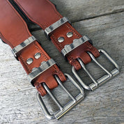 Handmade brown leather dog collar with reinforced steel rivets for extra safety for big dogs.