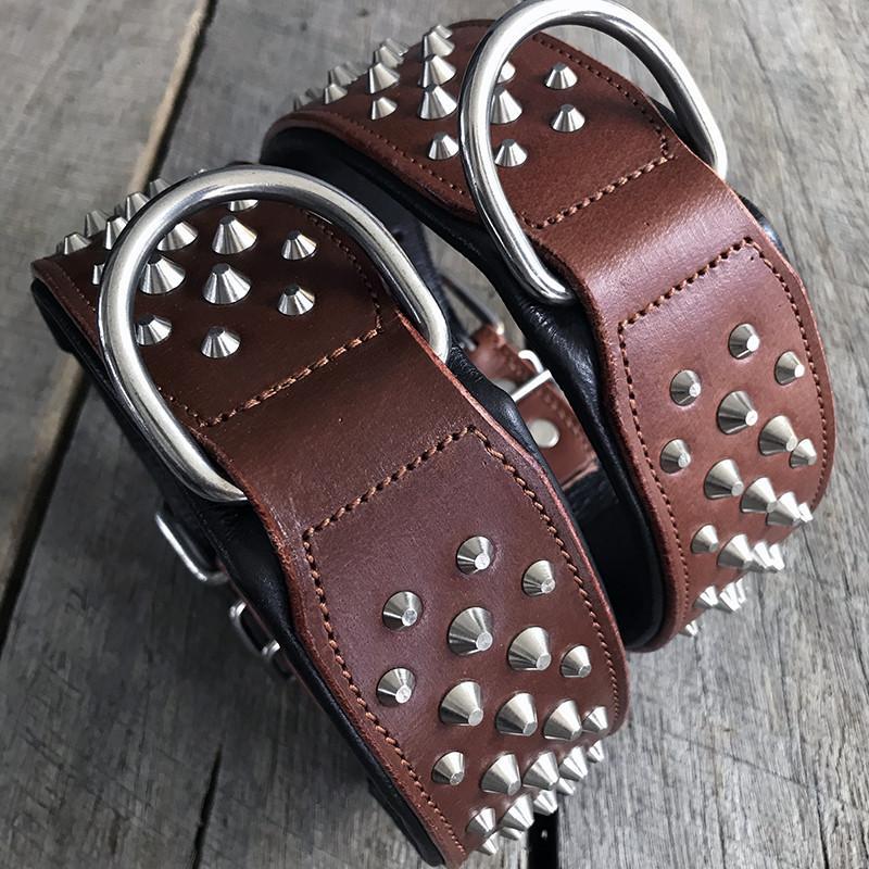 top view of RuffNeck Brown &amp; Chrome Leather Dog Collars