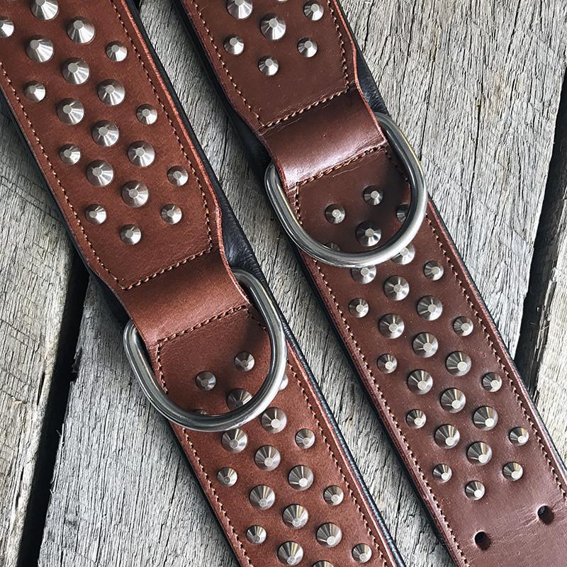 Top view of RuffNeck Brown & Chrome Handmade Leather Dog Collar