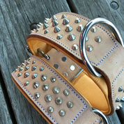 Top view of handmade Buckskin suede dog collar  with padded leather for comfort  of dogs neck.