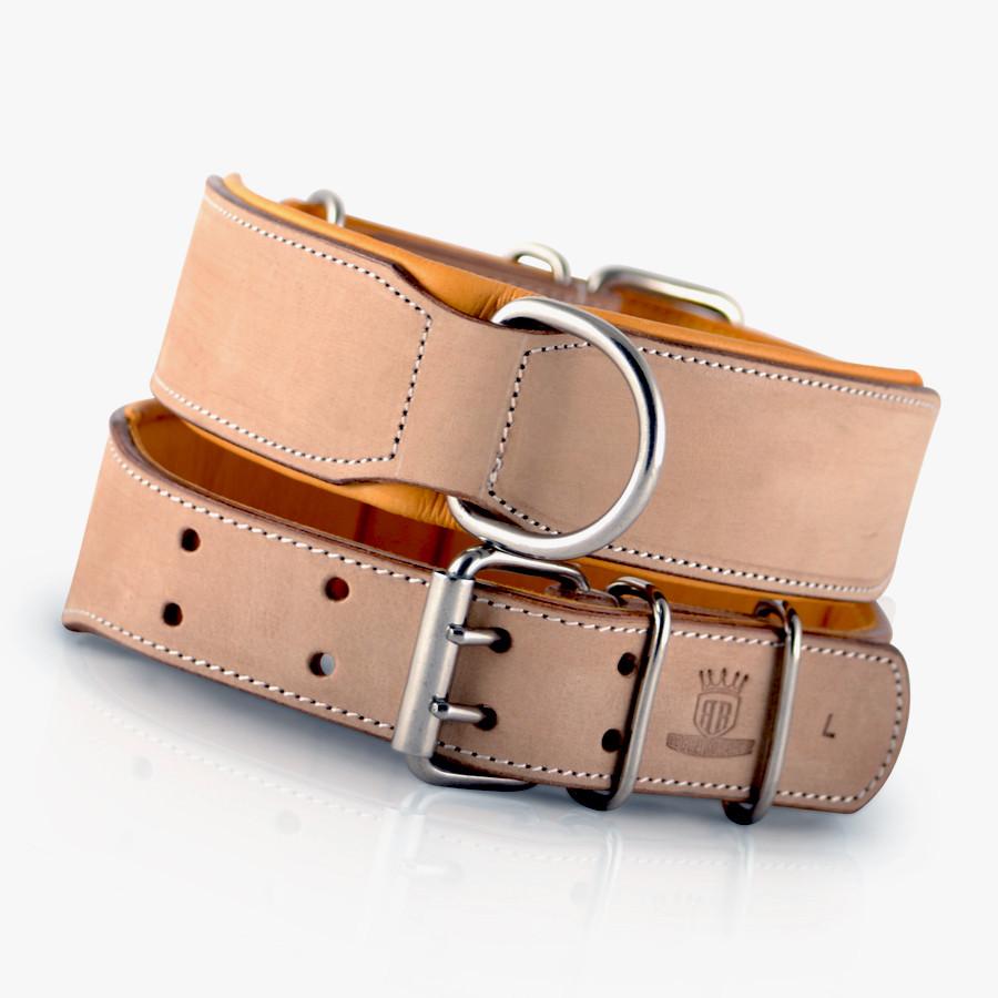 Front and back view of our buckskin handmade leather dog collar. 