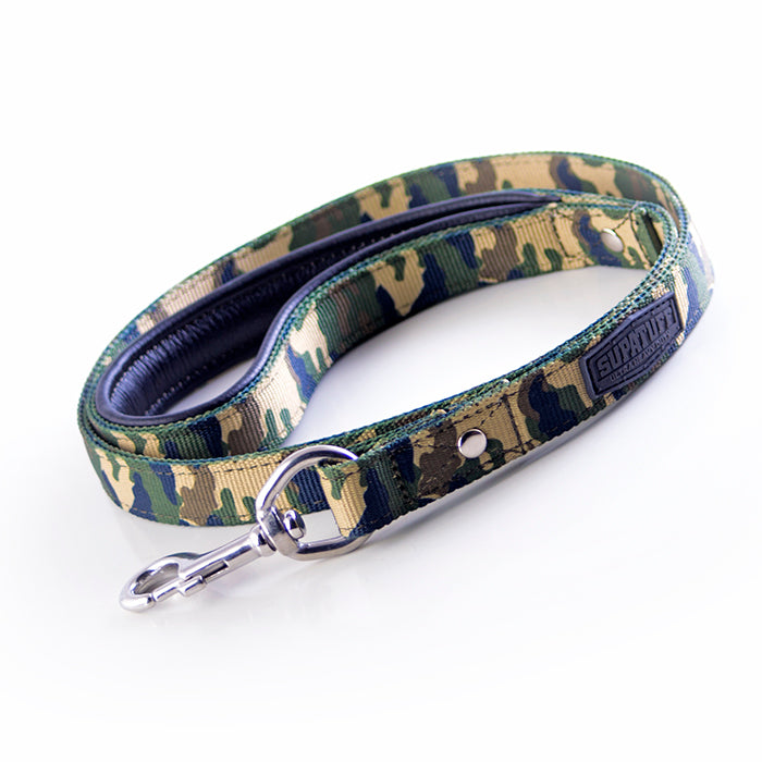 Heavy duty camouflage webbing material dog leash. Stainless steel fittings and latch. Lifetime Guarantee!