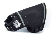 Side view of Black weight vest for dogs showing clips and adjustable front buckle.