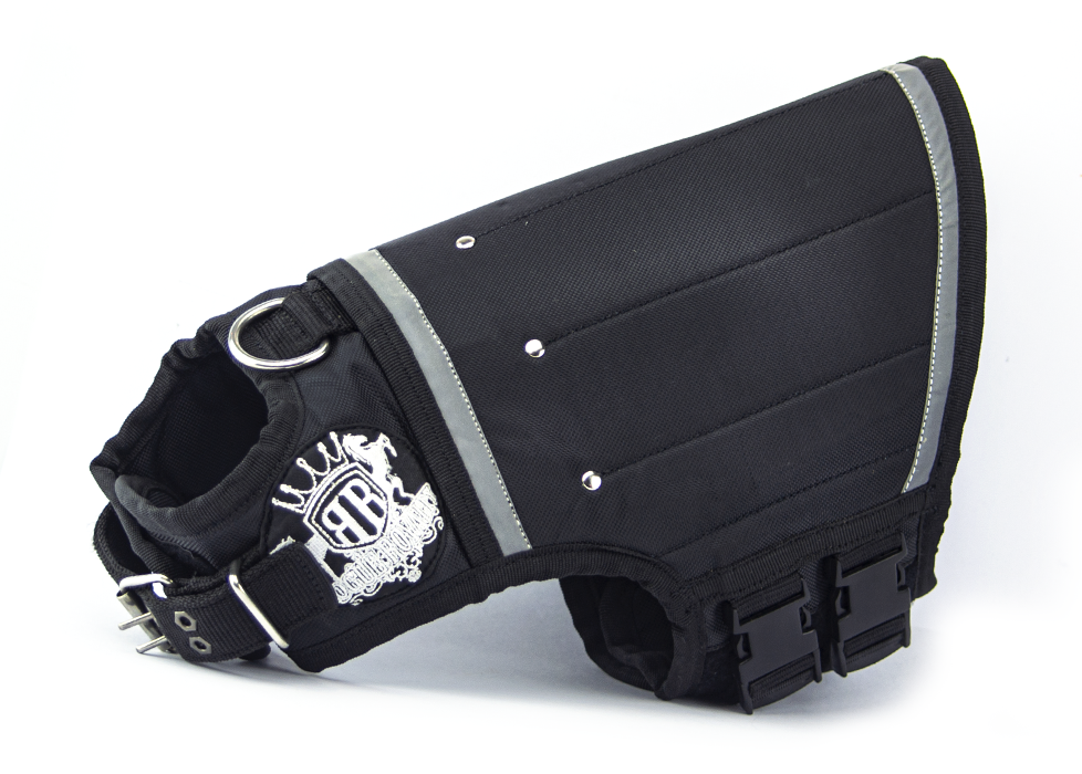 Side view of Black weight vest for dogs showing clips and adjustable front buckle.