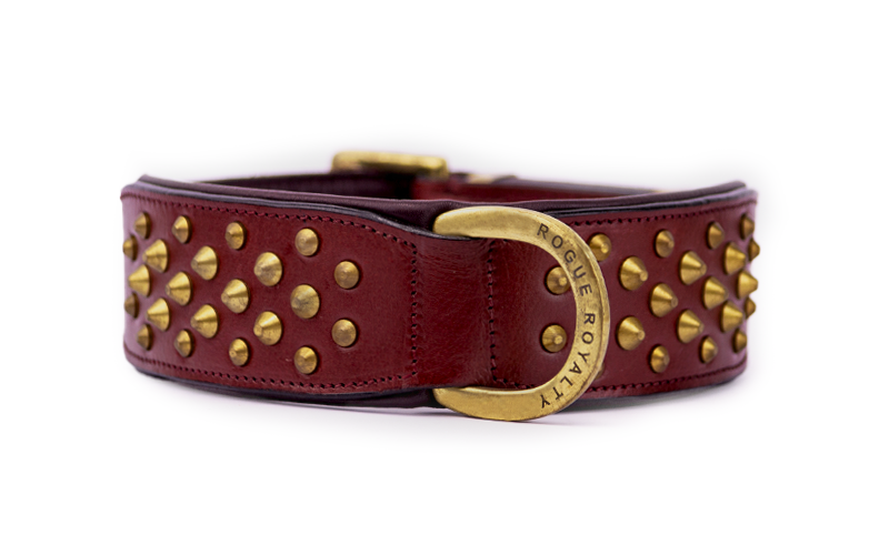 Handmade Cherry Leather Dog Collar With Brass Studs