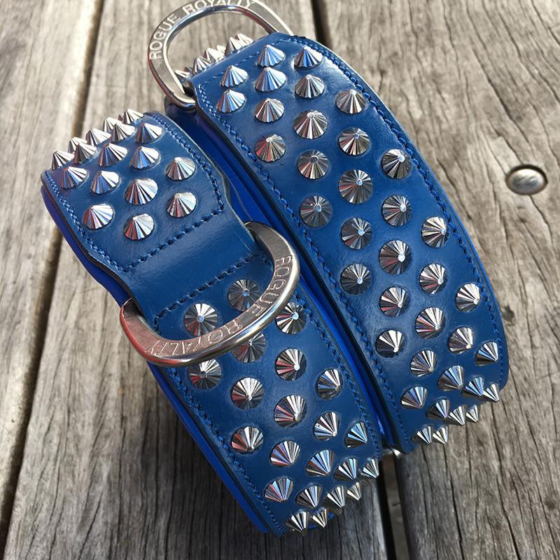 Hand Made Blue Leather collars with silver diamond cut studs