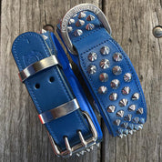 Australia's finest Handmade Leather Dog Collar  range– Front view of blue leather studded leather dog collar with stainless steel fittings by Rogue Royalty