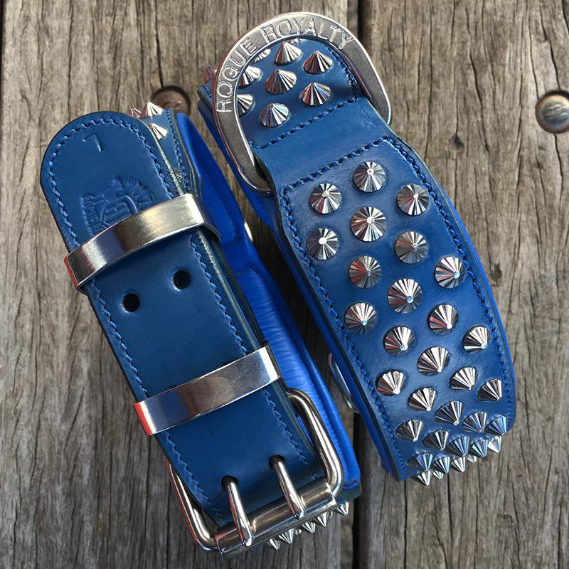 Australia&#39;s finest Handmade Leather Dog Collar  range– Front view of blue leather studded leather dog collar with stainless steel fittings by Rogue Royalty