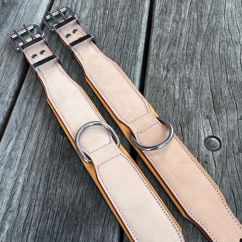 top view of stainless steel d rings for leash attachement on leather dog collar