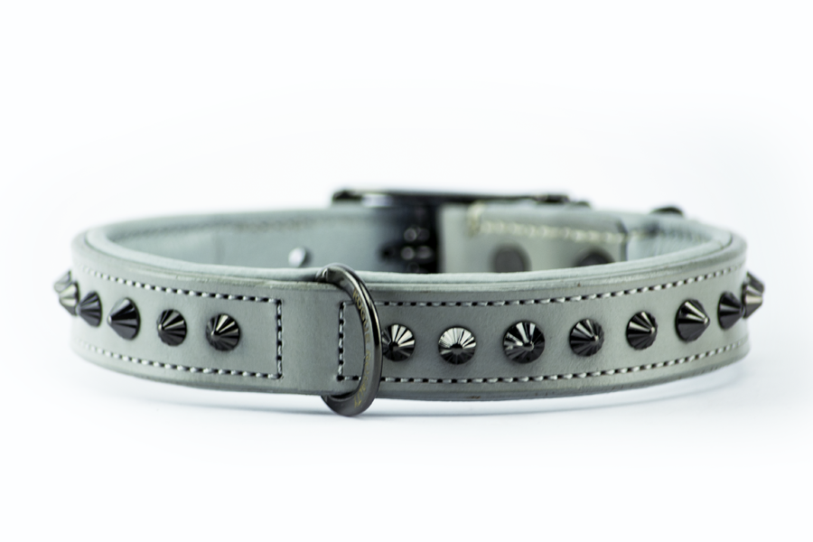 Hand Made Leather Dog Collar - Ruthless Grey &amp; Black (Slim Fit)