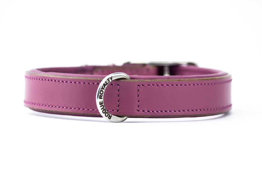 Front view of pink hand made leather dog collar for small dogs