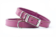 Front view of steel buckle on luxury pink handmade leather dog collar.