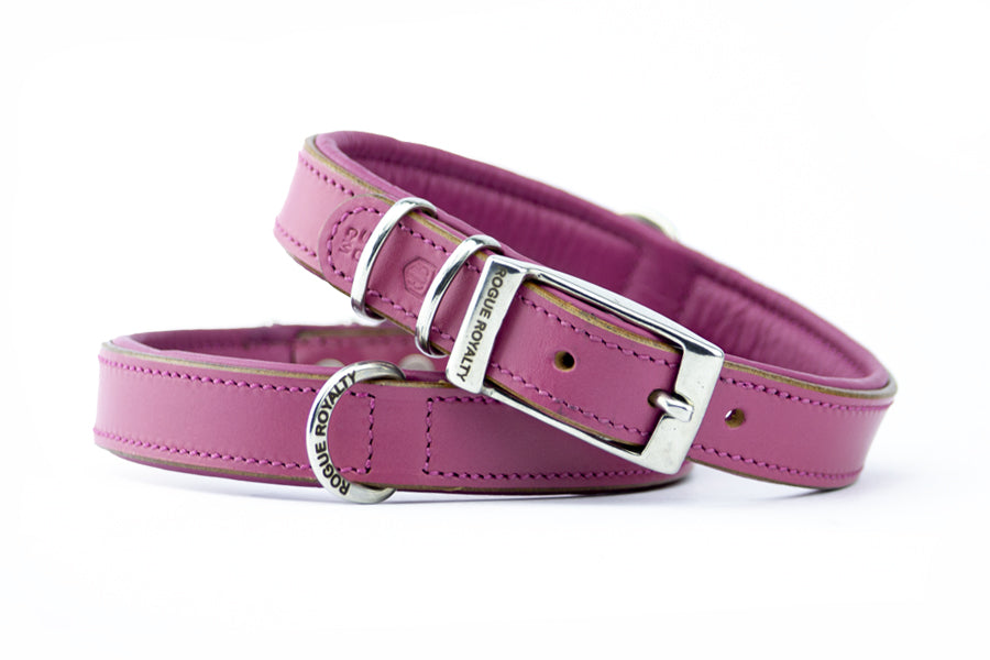 Front view of steel buckle on luxury pink handmade leather dog collar.