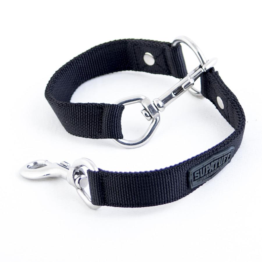 Flat view of the SupaTuff black handmade dog leash coupler. Stainless Steel fittings and ultra strong webbing. Walking two dogs together has never been easier! Lifetime Guaranteed!